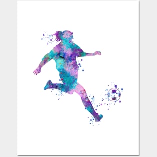 Girl Soccer Player Kick Watercolor Painting Posters and Art